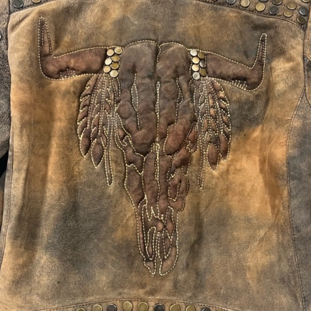 Double D Ranch Leather Biker Jacket steer skull feathers multicolored studs XS